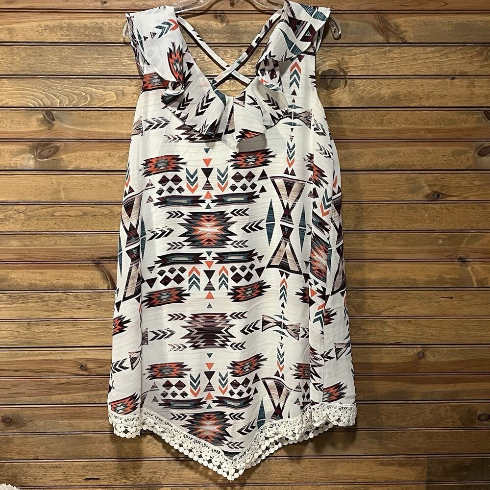 Jolt Women's Juniors Ruffle Dress Size L Aztec Lace Hanky Hem Lined